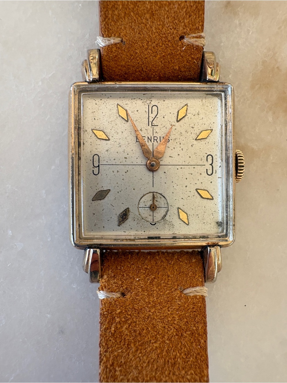 Benrus Vintage Square Silver Dial Watch with Brown Leather Strap